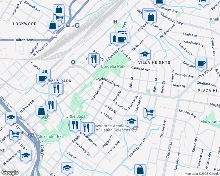 map of restaurants, bars, coffee shops, grocery stores, and more near 820 East 20th Street in Charlotte