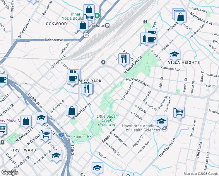 map of restaurants, bars, coffee shops, grocery stores, and more near in Charlotte
