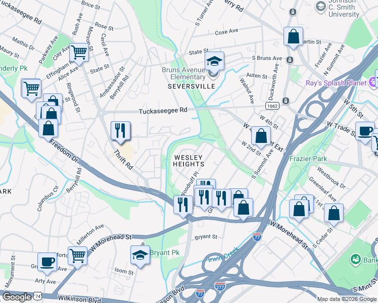 map of restaurants, bars, coffee shops, grocery stores, and more near in Charlotte