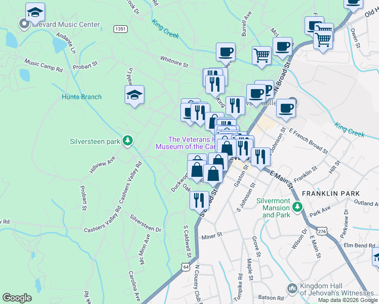 map of restaurants, bars, coffee shops, grocery stores, and more near 135 West Morgan Street in Brevard