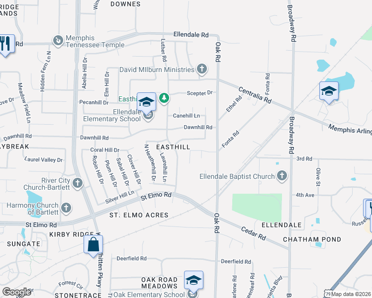 map of restaurants, bars, coffee shops, grocery stores, and more near 3942 Luther Road in Memphis