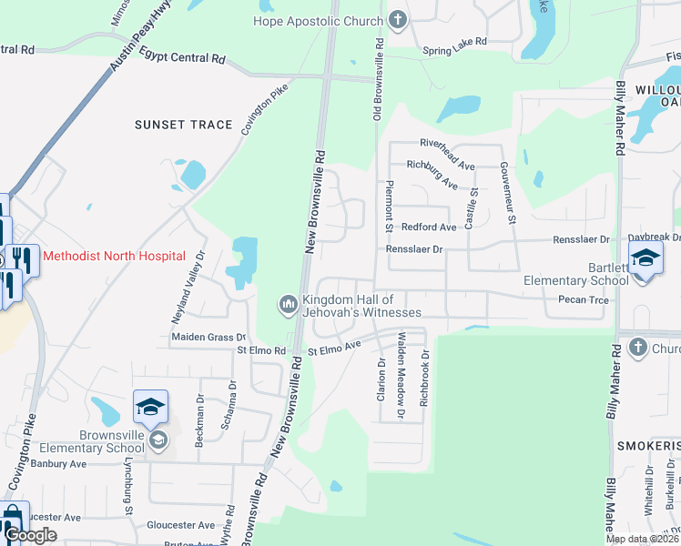 map of restaurants, bars, coffee shops, grocery stores, and more near 5545 Oak Branch Circle North in Memphis