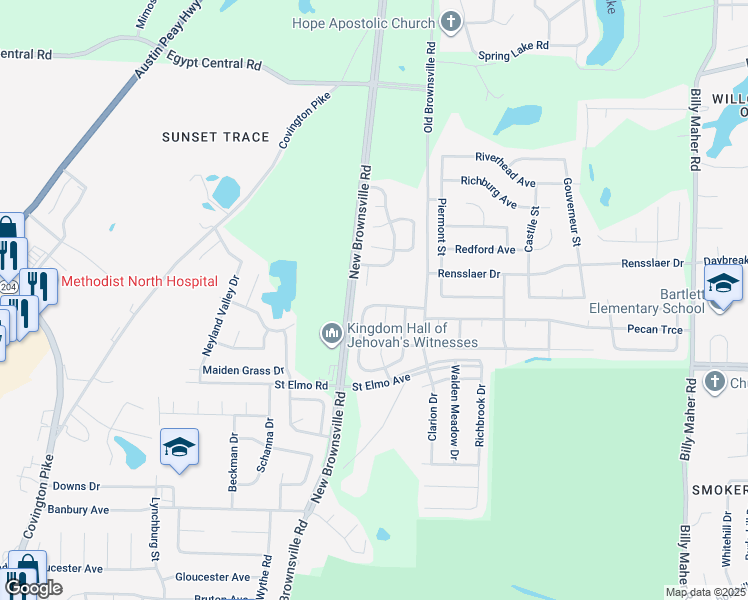 map of restaurants, bars, coffee shops, grocery stores, and more near 5534 Oak Branch Circle North in Memphis