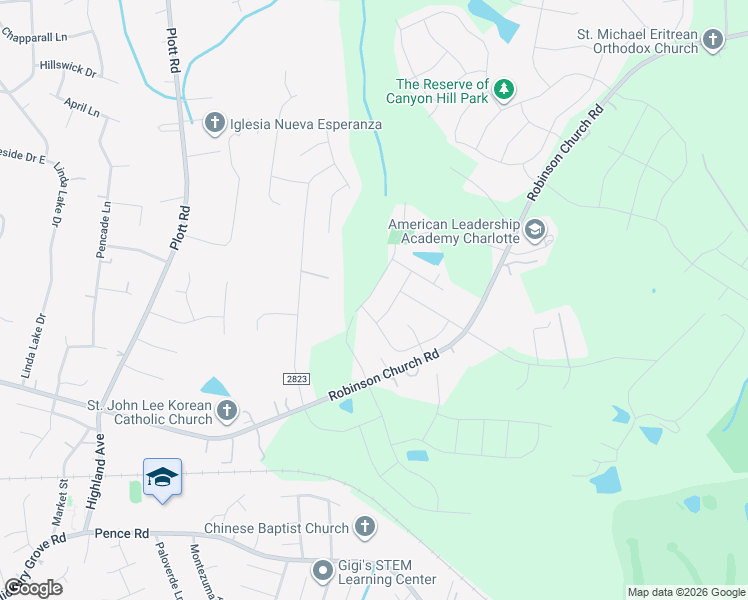 map of restaurants, bars, coffee shops, grocery stores, and more near 4115 Robinson Park Drive in Charlotte