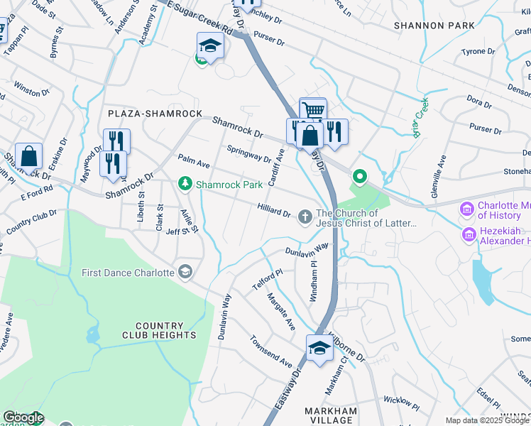 map of restaurants, bars, coffee shops, grocery stores, and more near 2918 Hilliard Drive in Charlotte