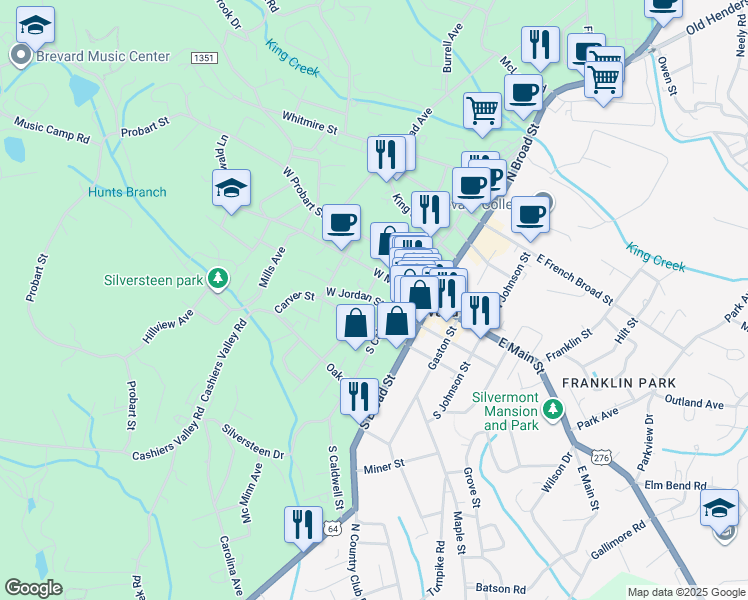 map of restaurants, bars, coffee shops, grocery stores, and more near West Jordan Street in Brevard