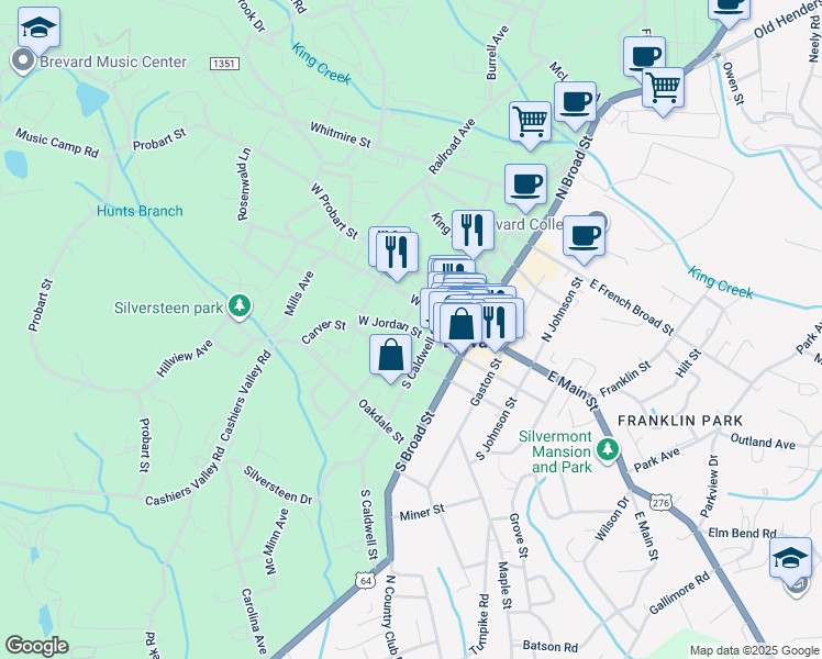 map of restaurants, bars, coffee shops, grocery stores, and more near West Jordan Street in Brevard