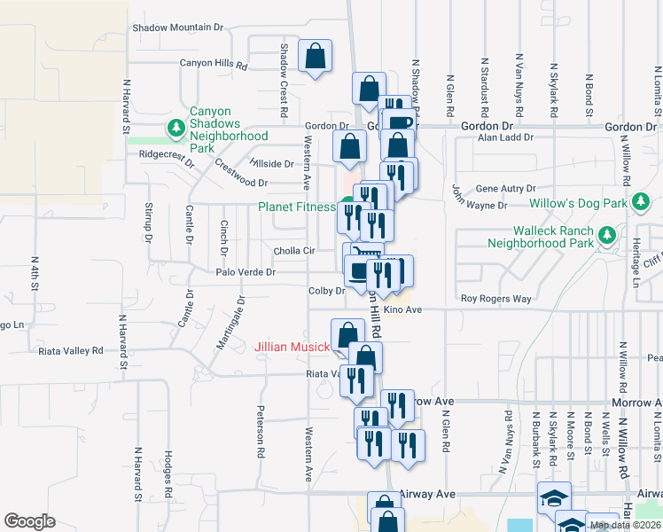 map of restaurants, bars, coffee shops, grocery stores, and more near 1730 Palo Verde Drive in Kingman