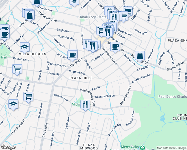 map of restaurants, bars, coffee shops, grocery stores, and more near 2215 Stratford Avenue in Charlotte