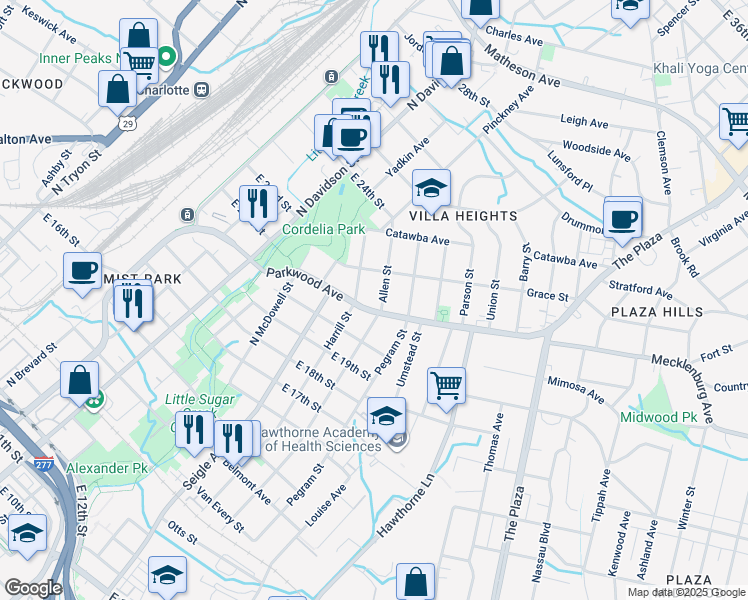map of restaurants, bars, coffee shops, grocery stores, and more near 1016 Parkwood Avenue in Charlotte