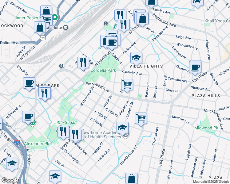 map of restaurants, bars, coffee shops, grocery stores, and more near 1016 Parkwood Avenue in Charlotte