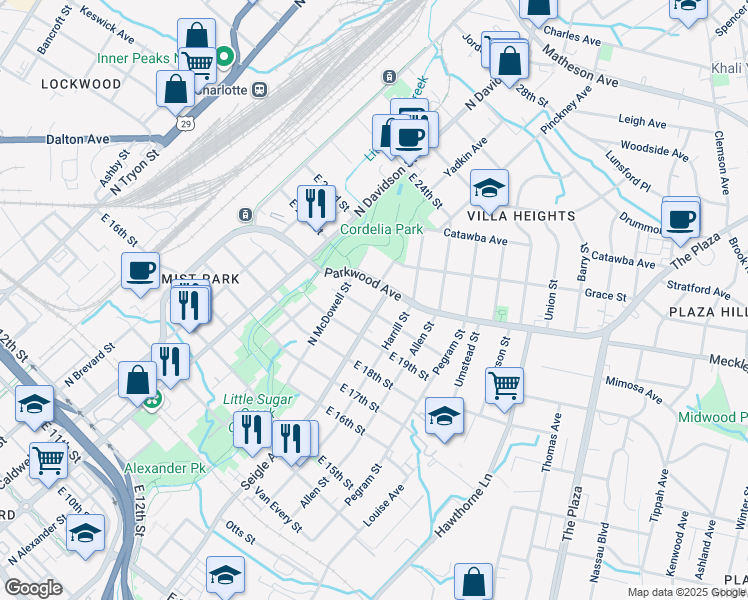 map of restaurants, bars, coffee shops, grocery stores, and more near 820 East 20th Street in Charlotte