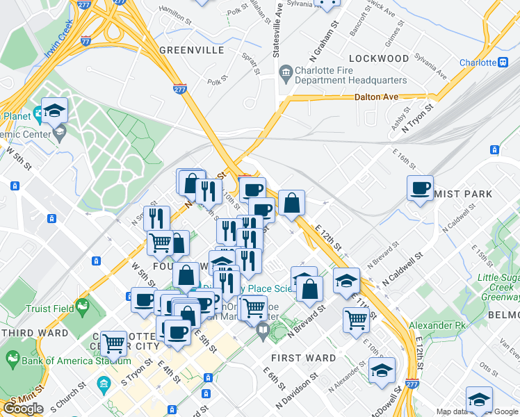 map of restaurants, bars, coffee shops, grocery stores, and more near in Charlotte