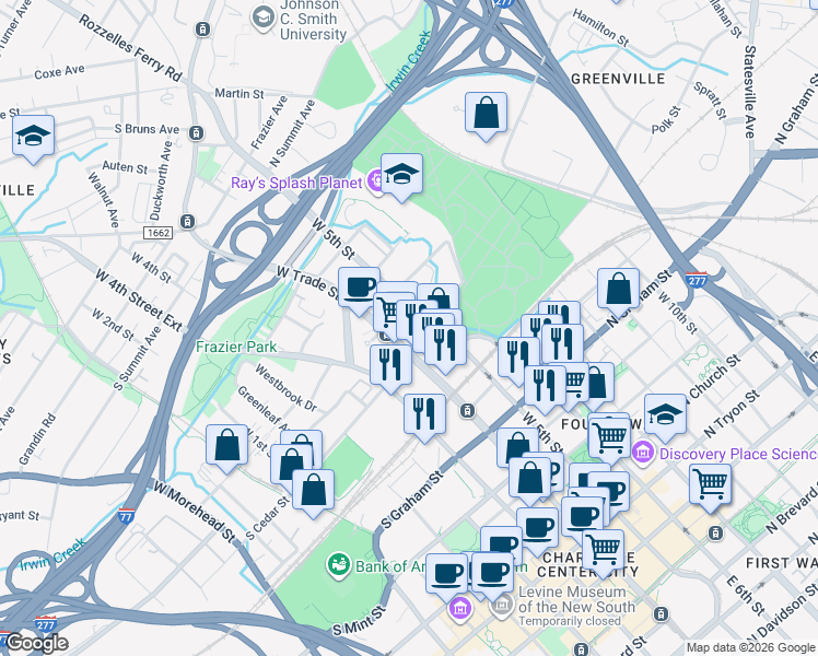 map of restaurants, bars, coffee shops, grocery stores, and more near 130 West Trade Street in Charlotte