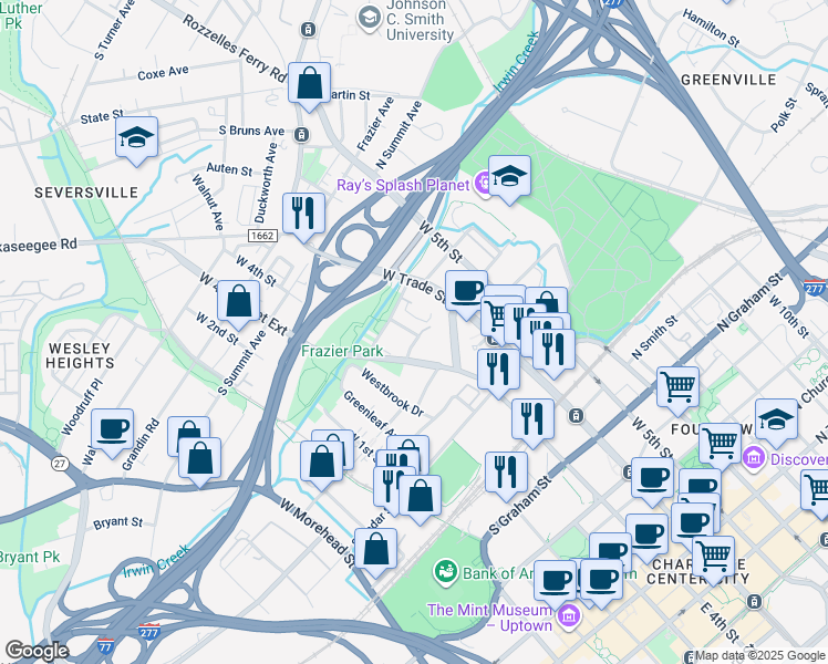 map of restaurants, bars, coffee shops, grocery stores, and more near 208 South Irwin Avenue in Charlotte
