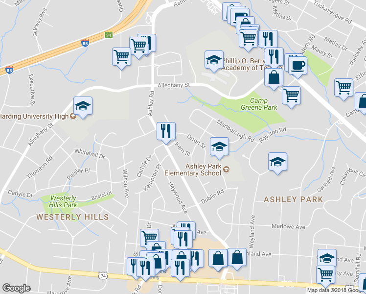 map of restaurants, bars, coffee shops, grocery stores, and more near 2218 Kern Street in Charlotte