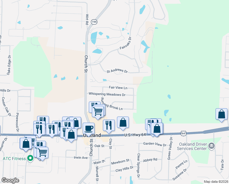 map of restaurants, bars, coffee shops, grocery stores, and more near 190 Whispering Meadows Drive in Oakland
