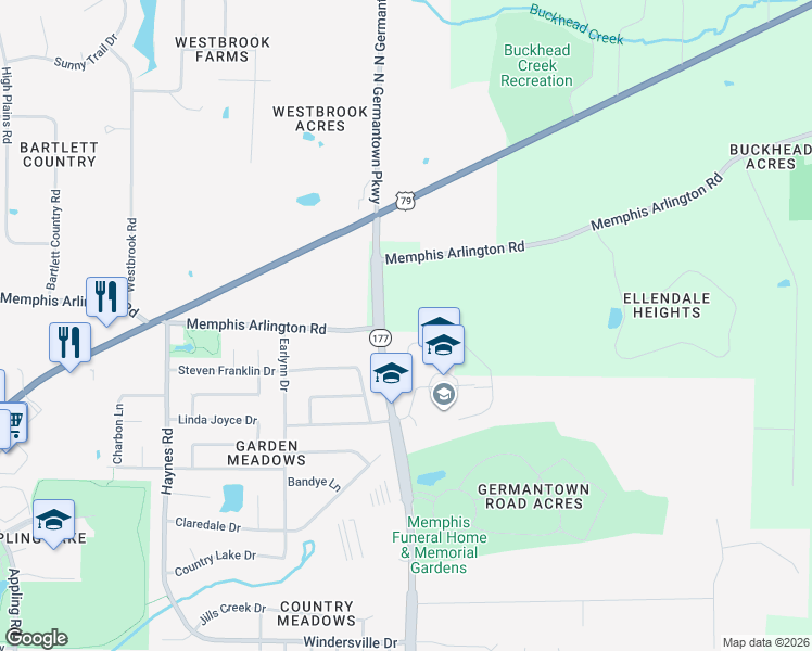map of restaurants, bars, coffee shops, grocery stores, and more near 8067 Memphis Arlington Road in Memphis