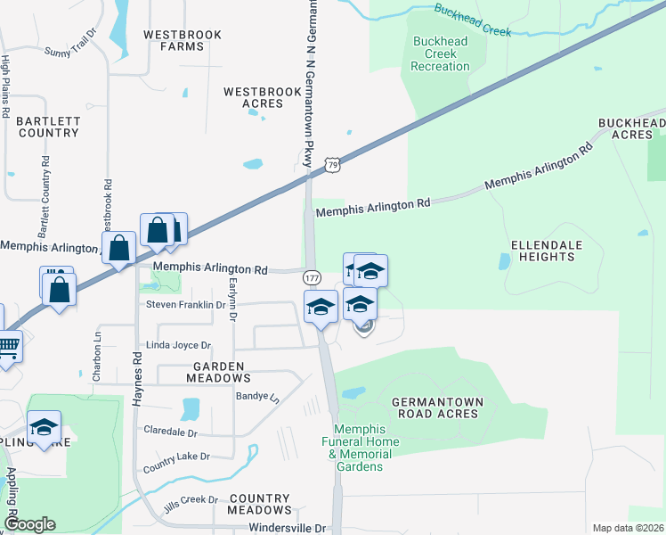 map of restaurants, bars, coffee shops, grocery stores, and more near 8067 Memphis Arlington Road in Memphis