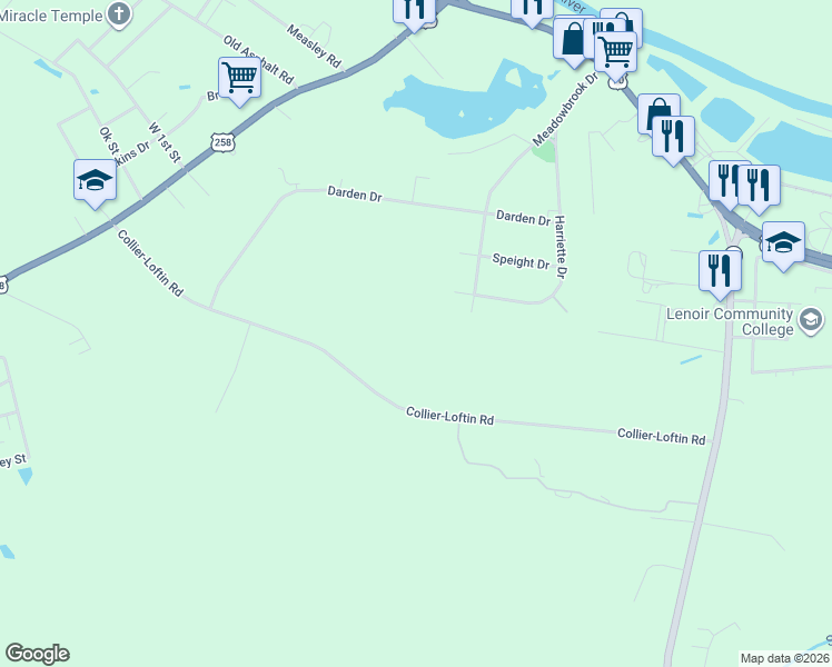 map of restaurants, bars, coffee shops, grocery stores, and more near 570 Collier-Loftin Road in Kinston