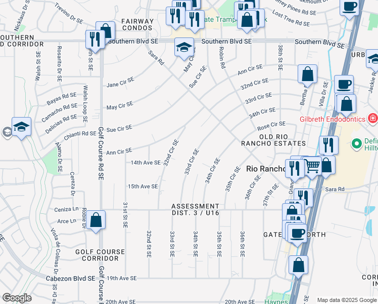 map of restaurants, bars, coffee shops, grocery stores, and more near 1453 33rd Circle Southeast in Rio Rancho
