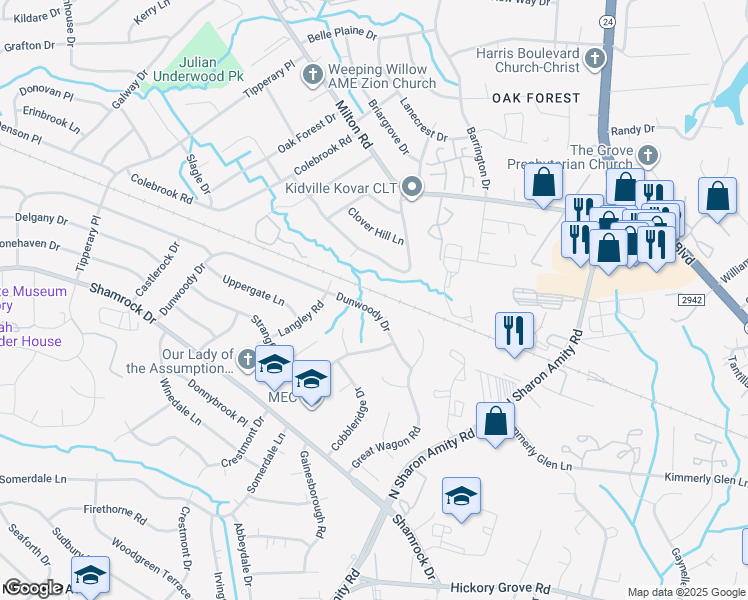 map of restaurants, bars, coffee shops, grocery stores, and more near 4300 Dunwoody Drive in Charlotte