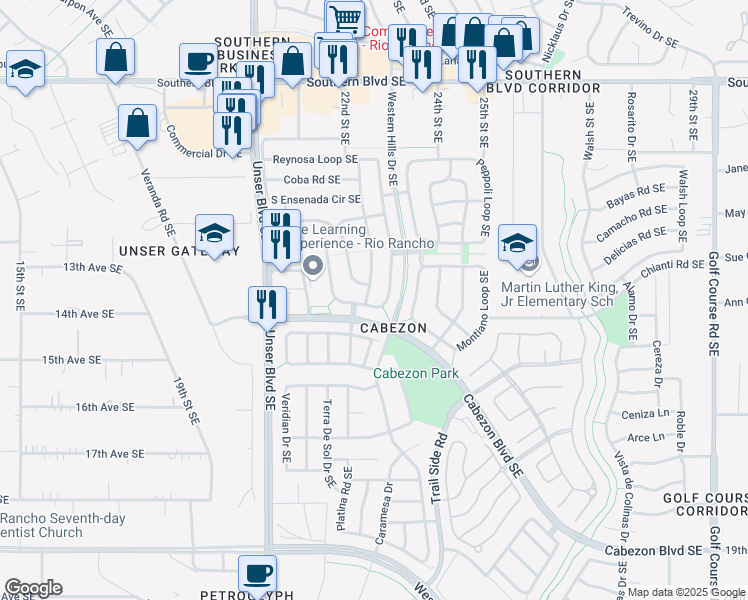 map of restaurants, bars, coffee shops, grocery stores, and more near 1365 Reynosa Loop Southeast in Rio Rancho