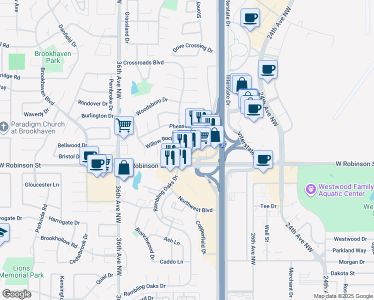 map of restaurants, bars, coffee shops, grocery stores, and more near 1264 North Interstate Drive in Norman
