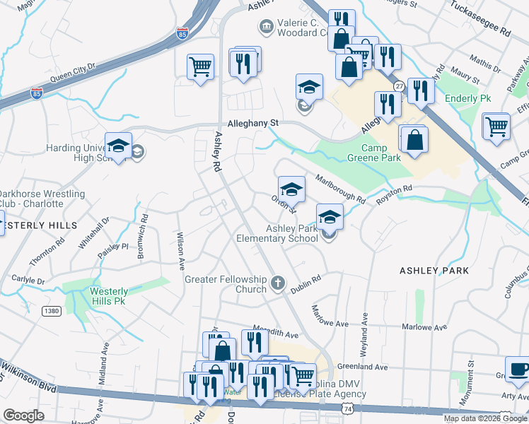 map of restaurants, bars, coffee shops, grocery stores, and more near 2218 Kern Street in Charlotte
