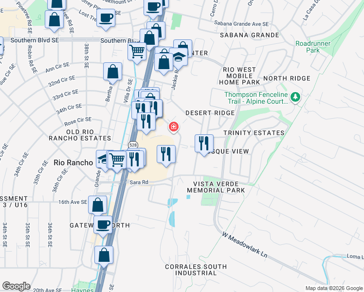 map of restaurants, bars, coffee shops, grocery stores, and more near 1420 Barbara Loop Southeast in Rio Rancho