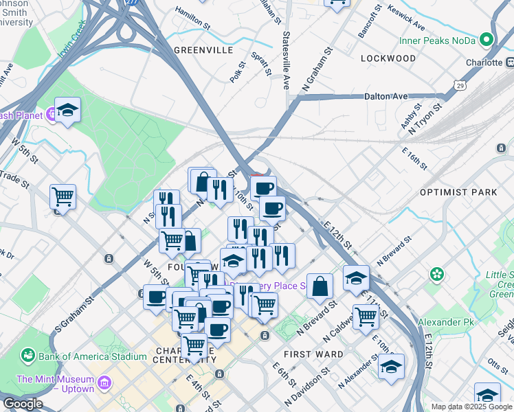 map of restaurants, bars, coffee shops, grocery stores, and more near in Charlotte