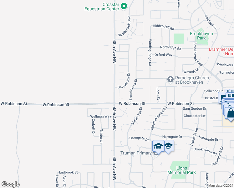 map of restaurants, bars, coffee shops, grocery stores, and more near 1216 Burkshire Terrace in Norman