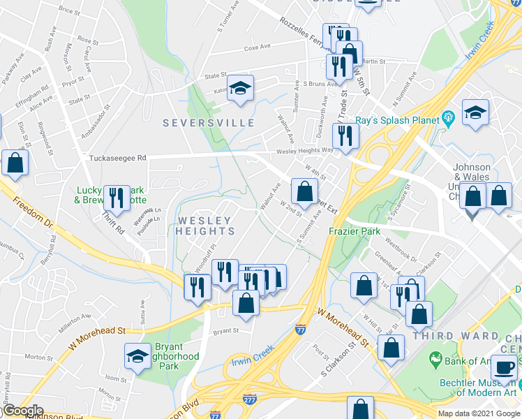 map of restaurants, bars, coffee shops, grocery stores, and more near Walnut Avenue & Litaker Avenue in Charlotte