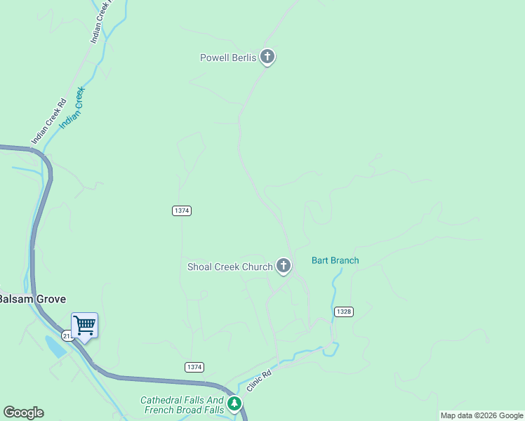 map of restaurants, bars, coffee shops, grocery stores, and more near 689 Shoal Creek Road in Balsam Grove