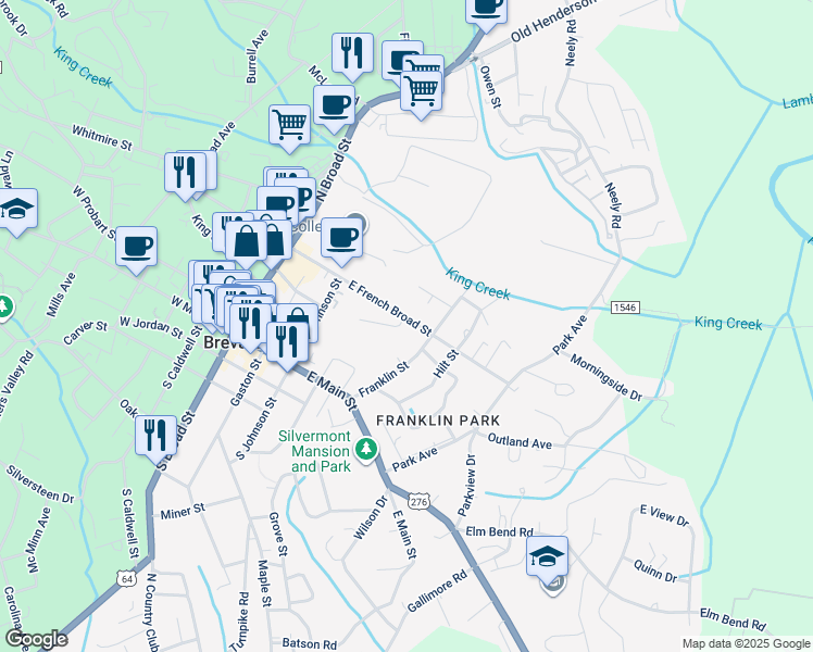 map of restaurants, bars, coffee shops, grocery stores, and more near 17 Appletree Street in Brevard