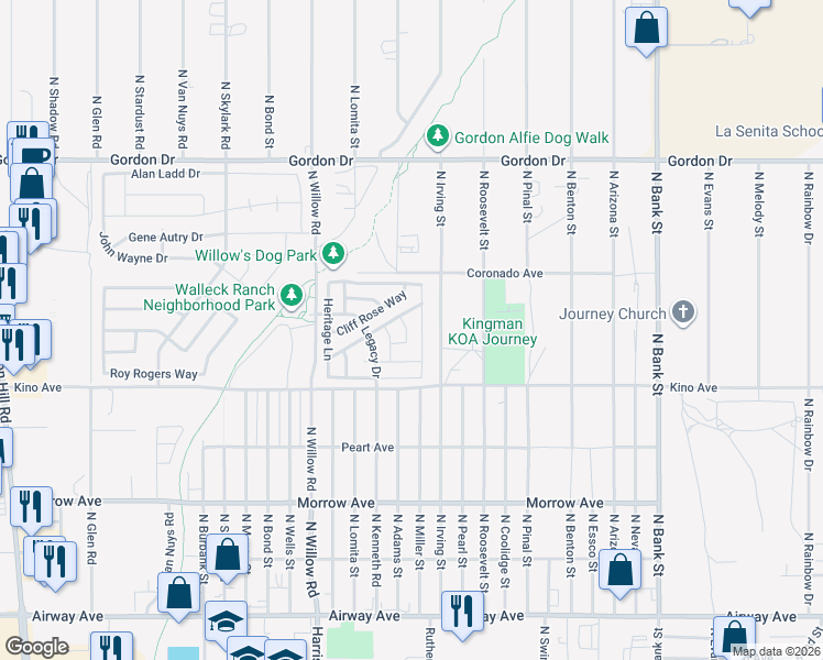 map of restaurants, bars, coffee shops, grocery stores, and more near 3789 North Irving Street in Kingman