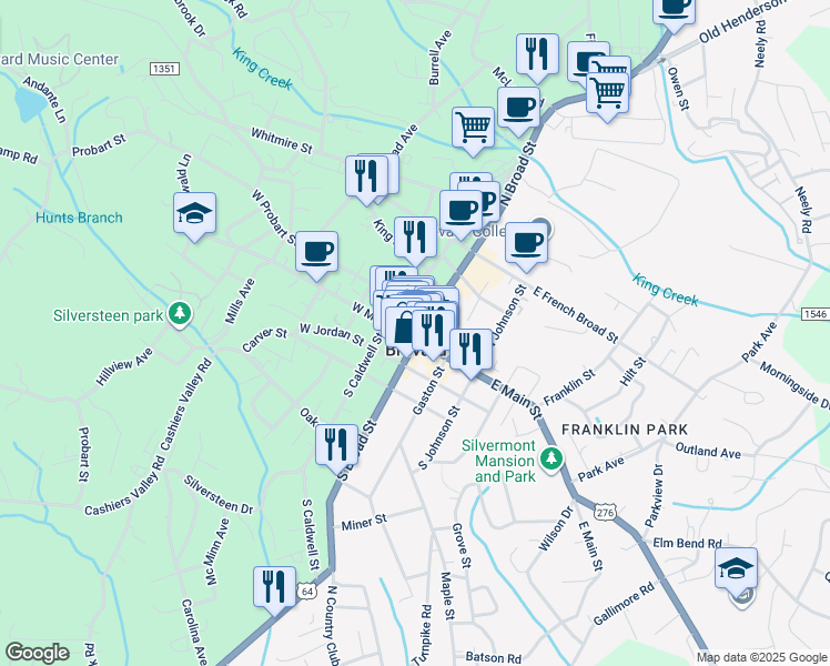 map of restaurants, bars, coffee shops, grocery stores, and more near 2 West Main Street in Brevard