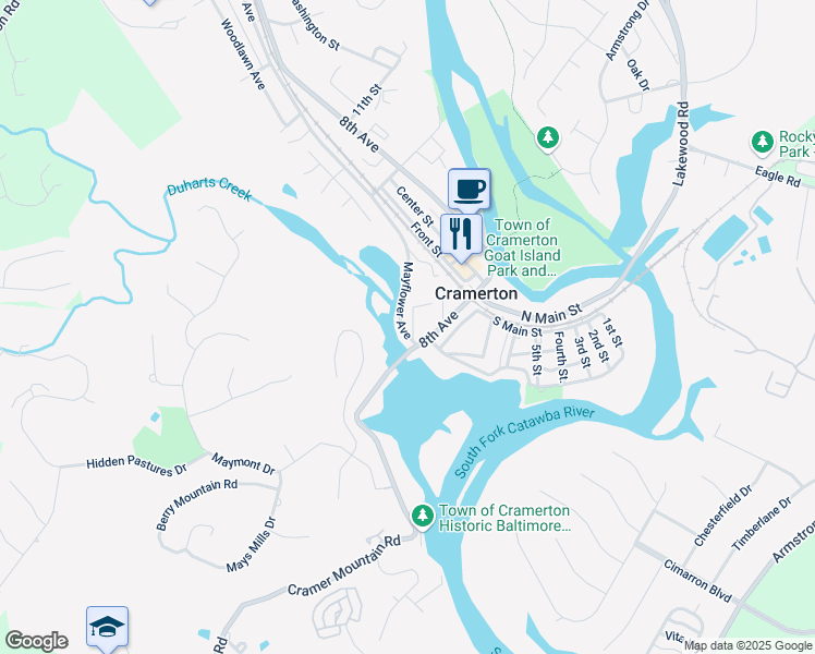 map of restaurants, bars, coffee shops, grocery stores, and more near 2347 Hampton Meadows Lane in Cramerton