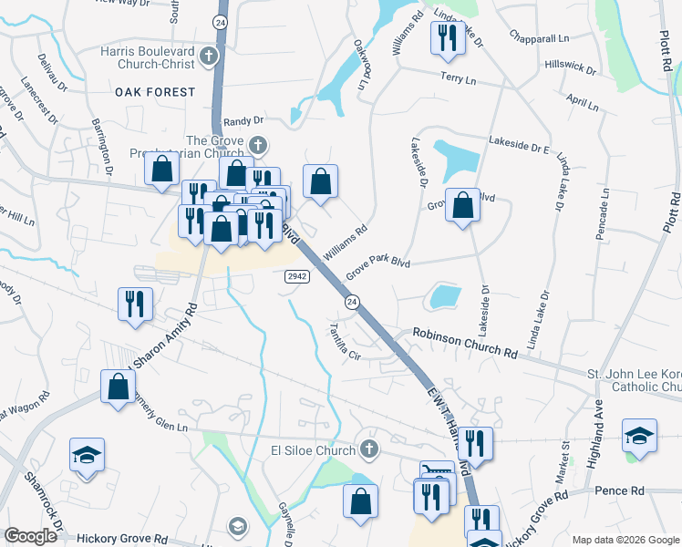 map of restaurants, bars, coffee shops, grocery stores, and more near in Charlotte