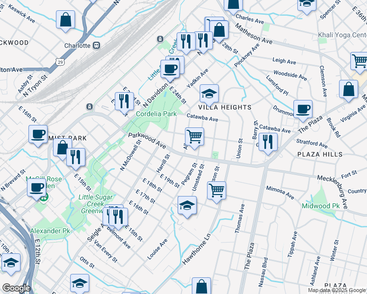 map of restaurants, bars, coffee shops, grocery stores, and more near 1016 Parkwood Avenue in Charlotte
