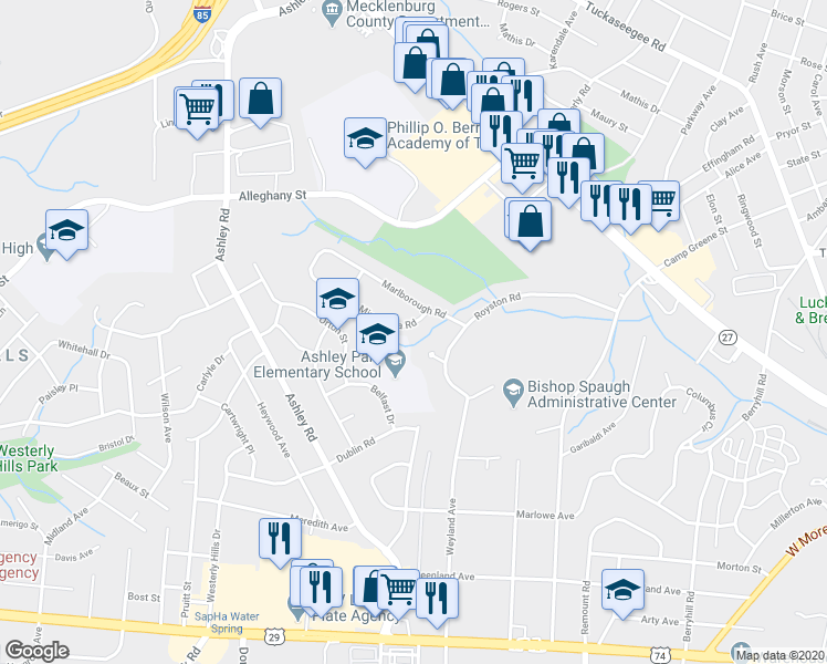 map of restaurants, bars, coffee shops, grocery stores, and more near 3027 Minnesota Road in Charlotte