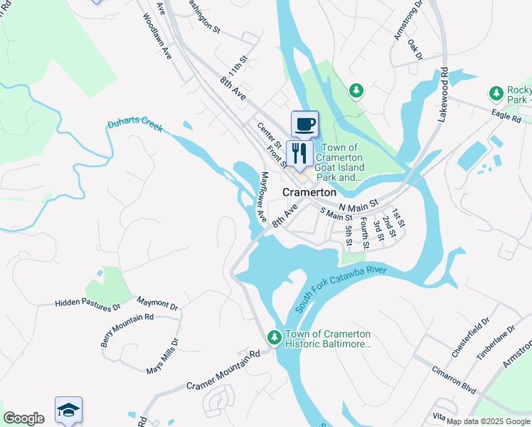 map of restaurants, bars, coffee shops, grocery stores, and more near 2353 Hampton Meadows Lane in Cramerton
