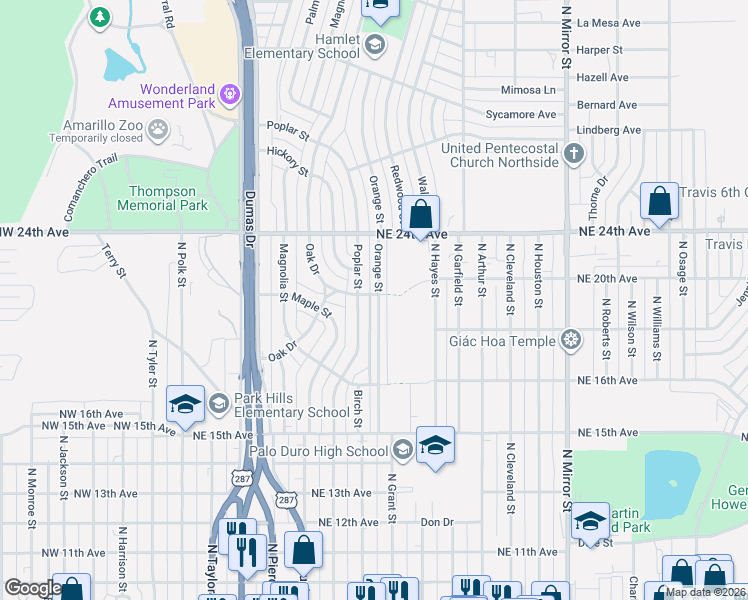 map of restaurants, bars, coffee shops, grocery stores, and more near 1823 Orange Street in Amarillo