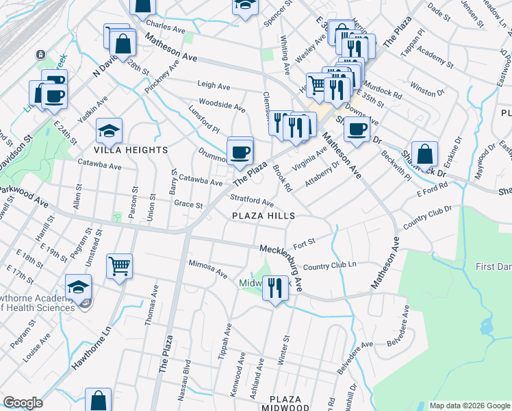 map of restaurants, bars, coffee shops, grocery stores, and more near 2409 Daniel Street in Charlotte