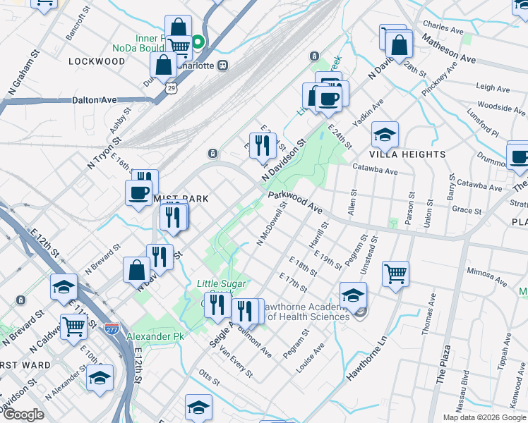 map of restaurants, bars, coffee shops, grocery stores, and more near 1601 North McDowell Street in Charlotte