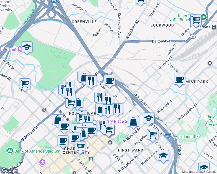 map of restaurants, bars, coffee shops, grocery stores, and more near 707 North Poplar Street in Charlotte