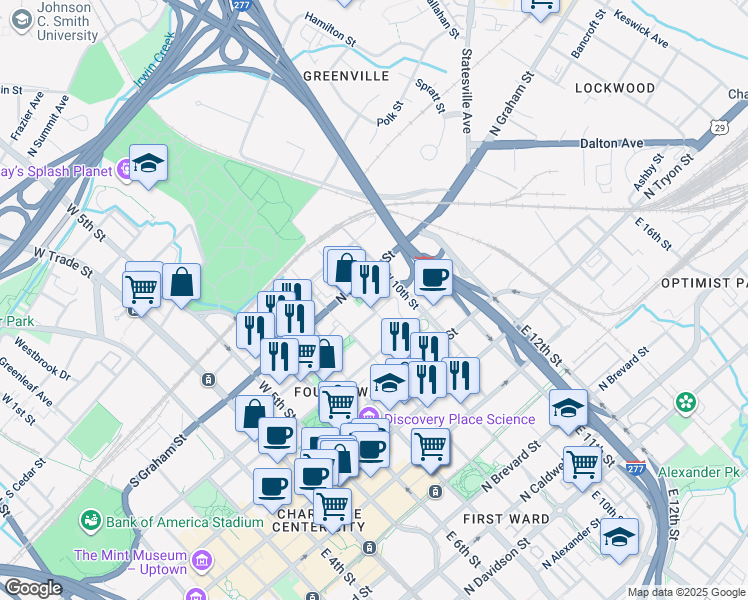 map of restaurants, bars, coffee shops, grocery stores, and more near 523 North Pine Street in Charlotte