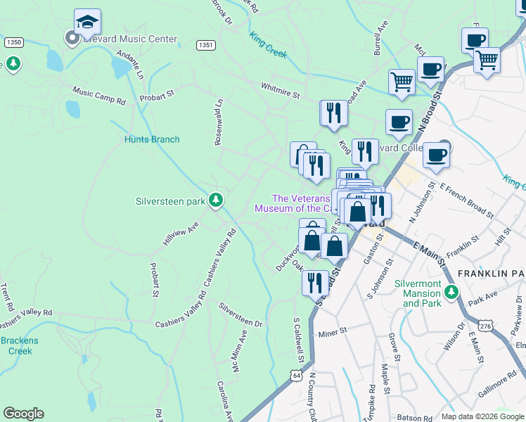 map of restaurants, bars, coffee shops, grocery stores, and more near 127 McDowell Street in Brevard
