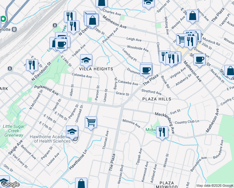 map of restaurants, bars, coffee shops, grocery stores, and more near 2319 Lola Avenue in Charlotte