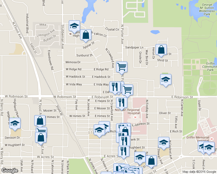 map of restaurants, bars, coffee shops, grocery stores, and more near 210 East Vida Way in Norman